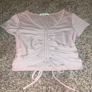 Love J., small, crop top, scrunches/ties in front, light/nude pink